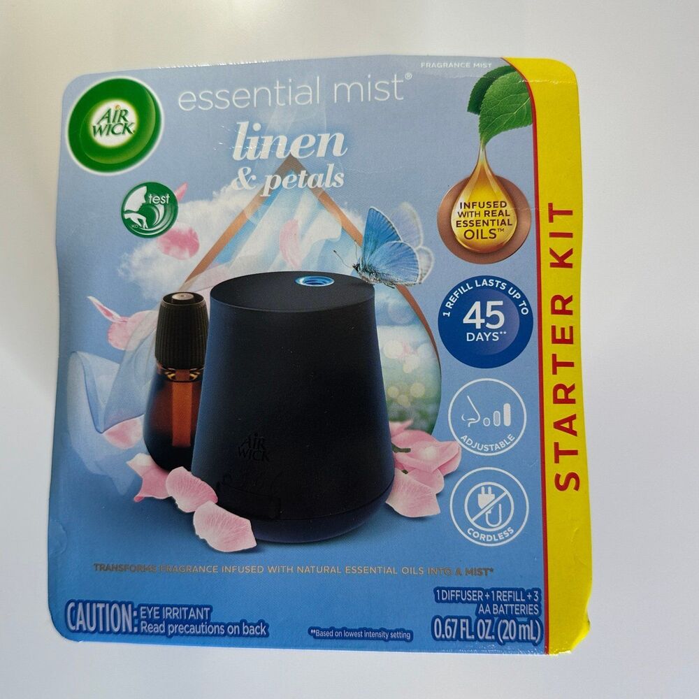 Air Wick Essential Mist Starter Kit Diffuser w/ 1 Refill Linen and Petals NIB